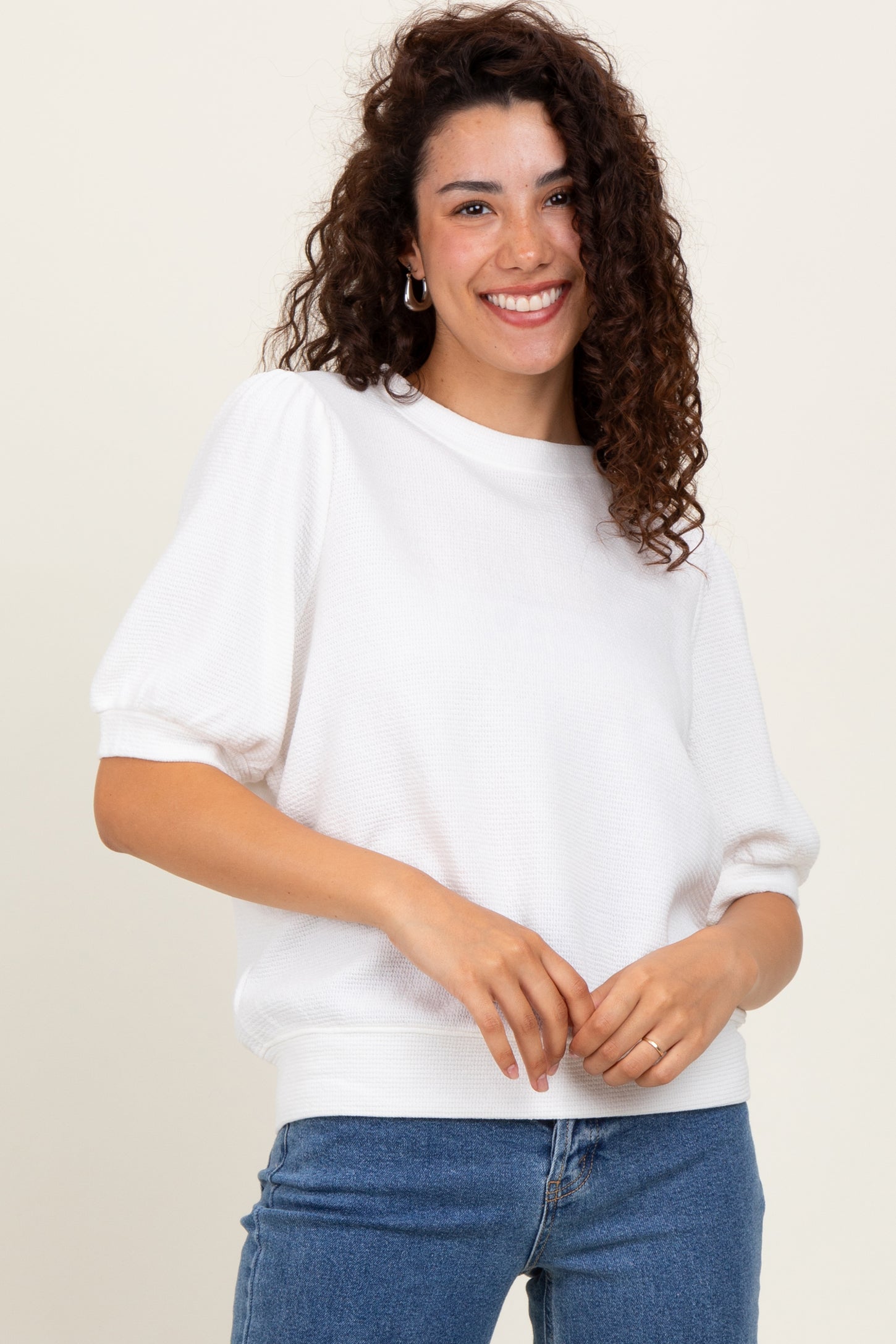 White Knit Puff Sleeve Top