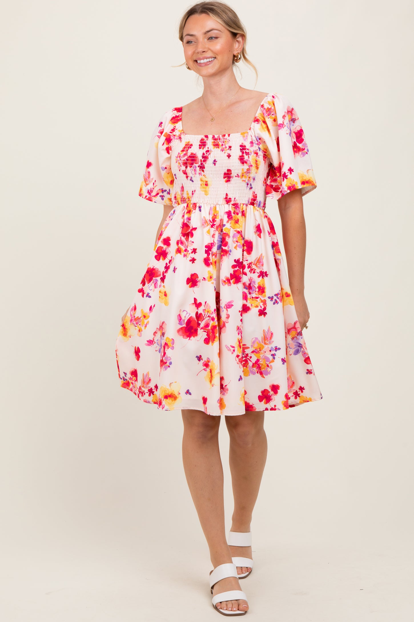 Cream/Red Floral Smocked Top Maternity Mini Dress