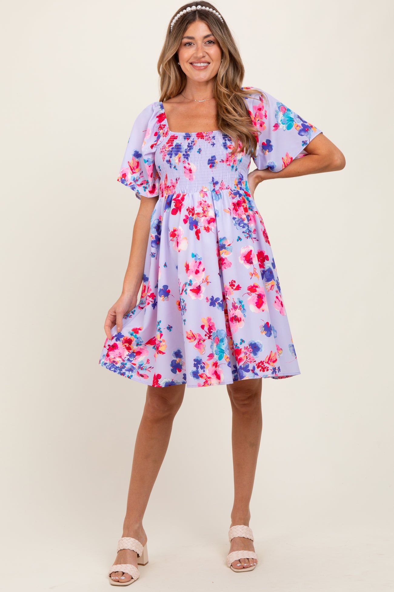 Lavender/Red Floral Smocked Top Maternity Mini Dress