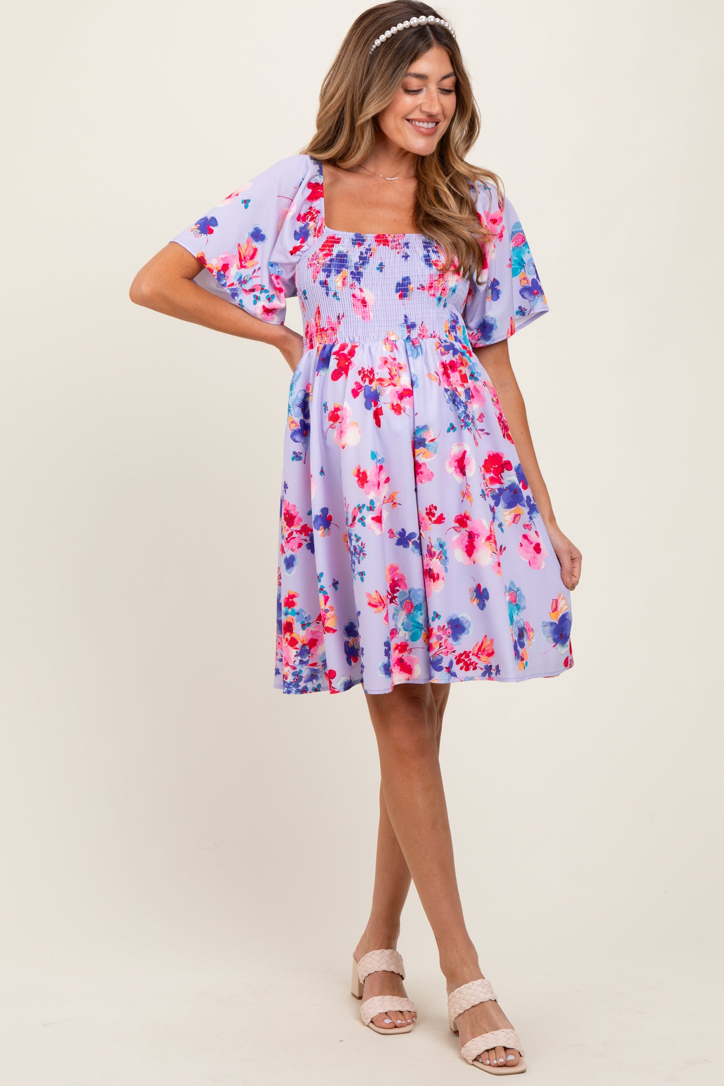 Lavender/Red Floral Smocked Top Maternity Mini Dress