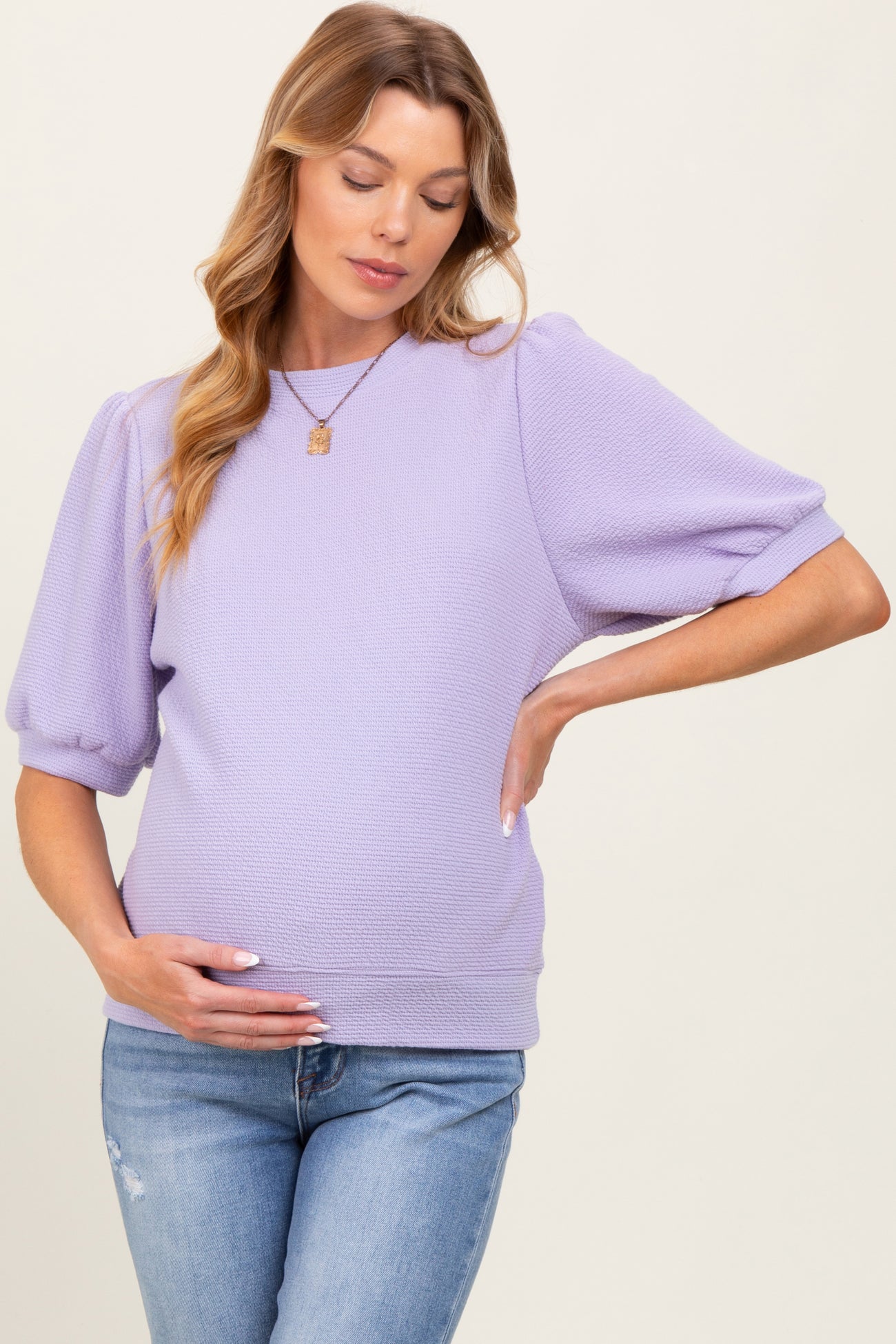 Lavender Knit Maternity Puff Sleeve Top