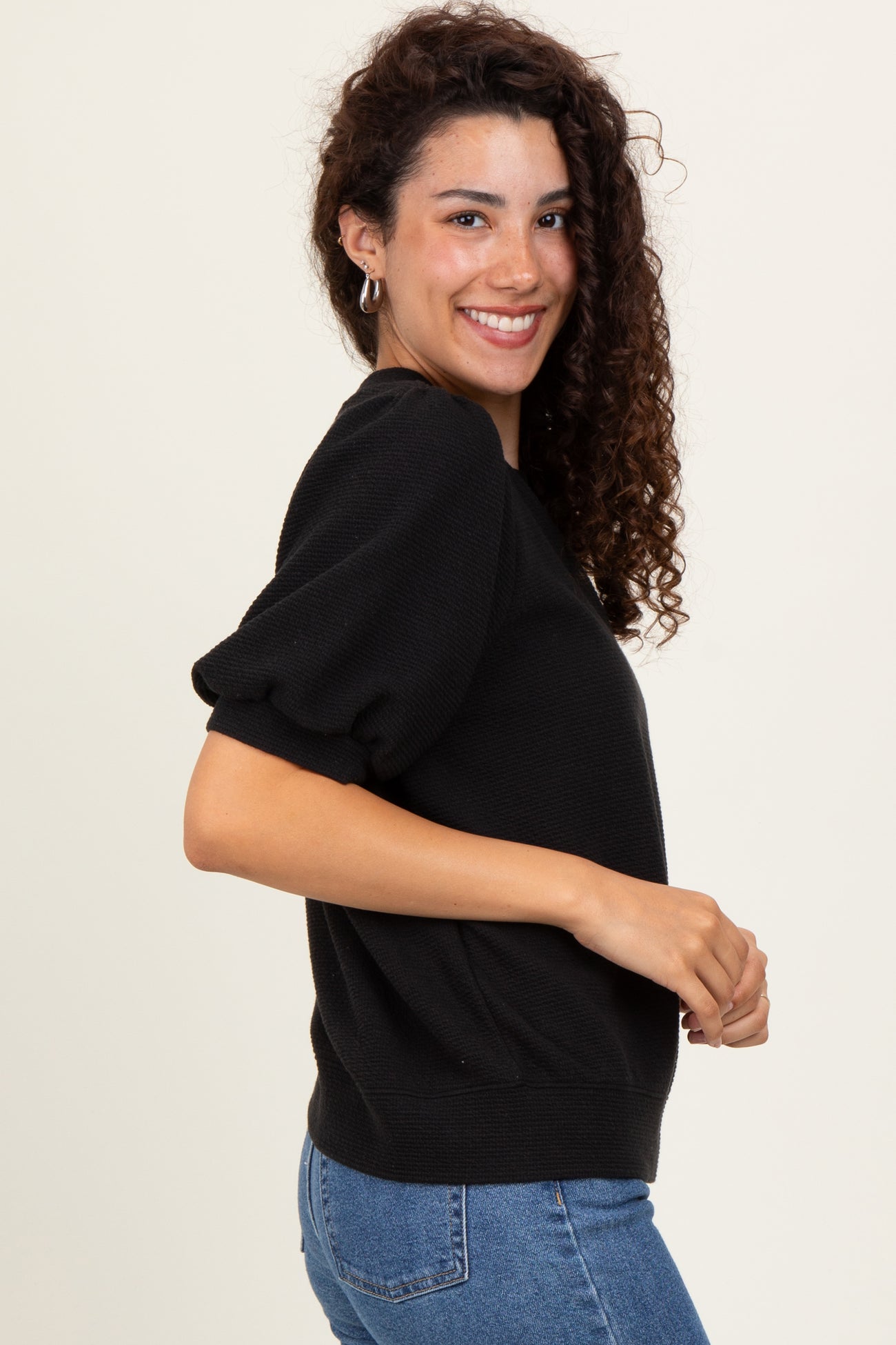 Black Knit Puff Sleeve Top