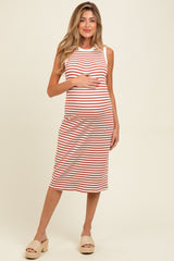 Red Striped Ribbed Knit Sleeveless Maternity Midi Dress
