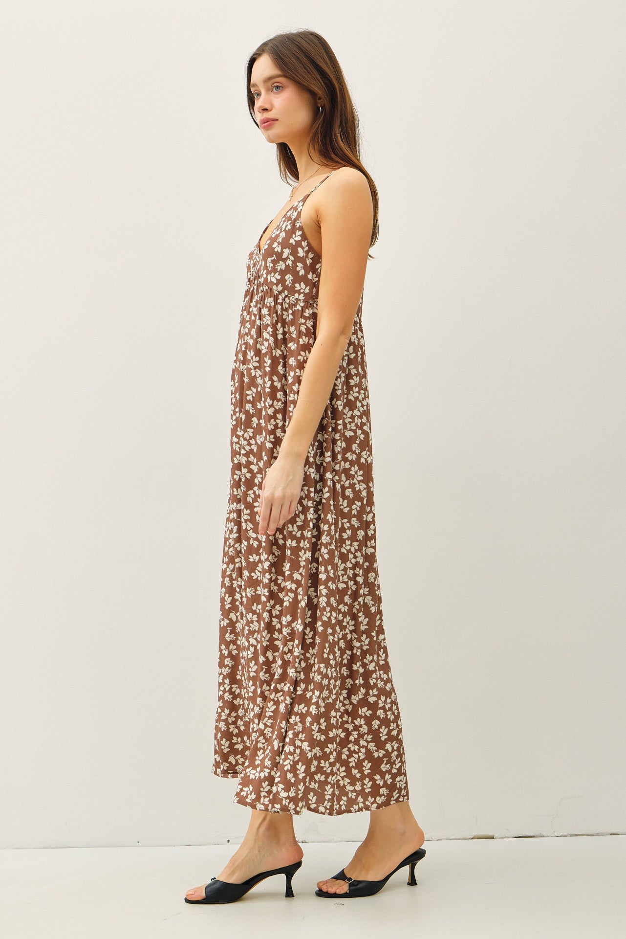 Mocha Floral V-Neck Maxi Dress