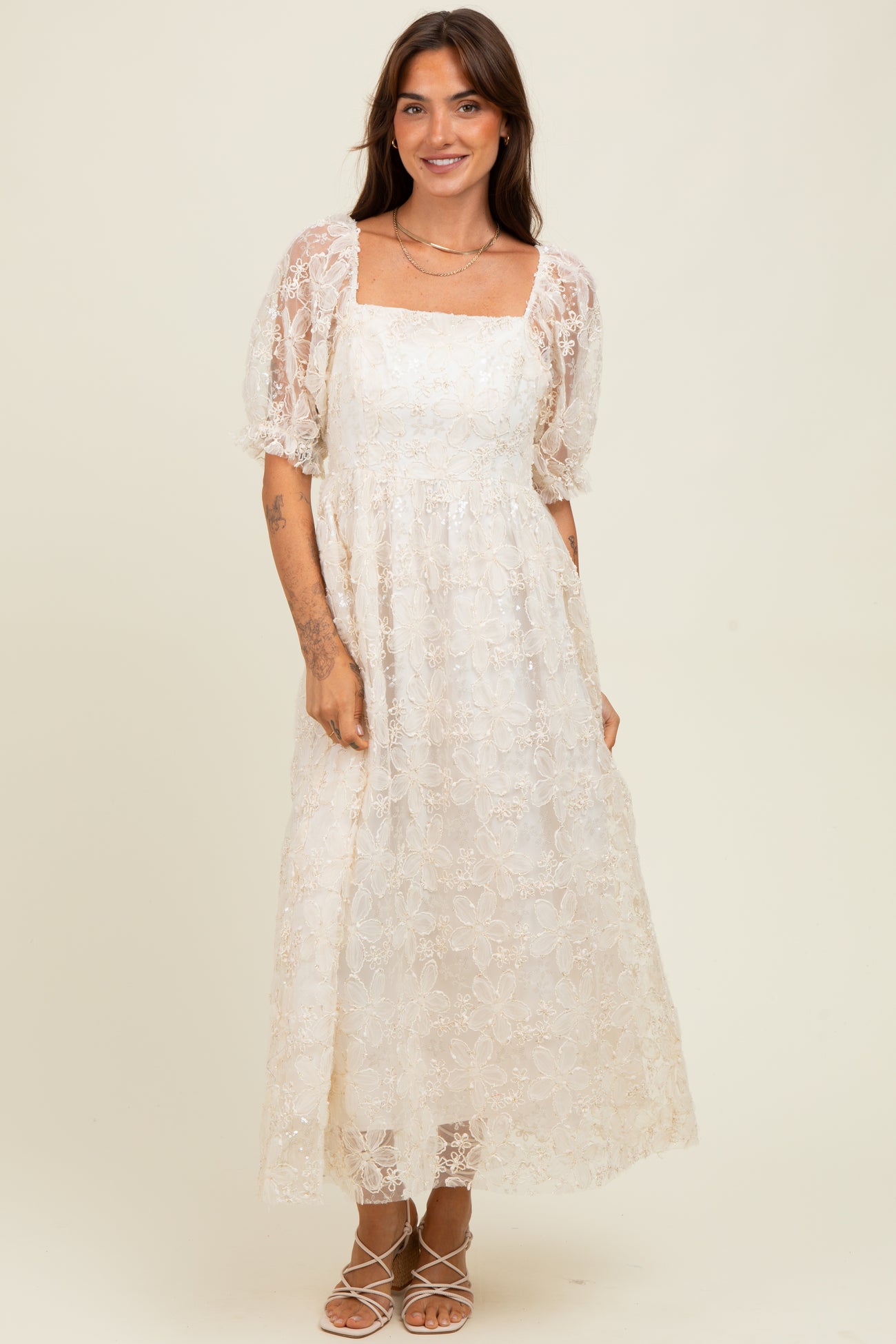 Cream Floral Mesh Overlay Tie Back Maternity Midi Dress