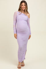 Lavender Ruched Mesh One Shoulder Long Sleeve Maternity Maxi Dress