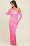 Pink Ruched Mesh One Shoulder Long Sleeve Maxi Dress