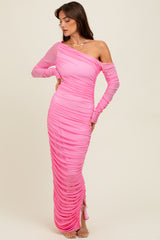 Pink Ruched Mesh One Shoulder Long Sleeve Maternity Maxi Dress