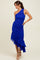 woman wearing a royal blue one-shoulder midi dress with ruched detailing and a ruffled hem