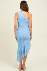 Light Blue Ruched Mesh One Shoulder Asymmetric Maternity Dress