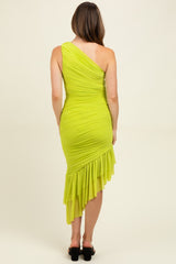 maternity wear in vibrant lime green, one-shoulder dress with ruching and a ruffled hem, model shown from the back