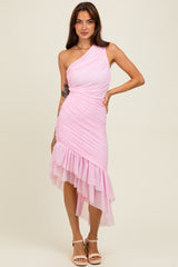 Light Pink Ruched Mesh One Shoulder Asymmetric Dress