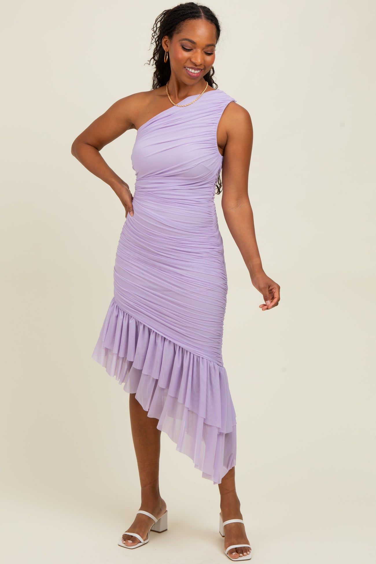 Lavender Ruched Mesh One Shoulder Asymmetric Dress