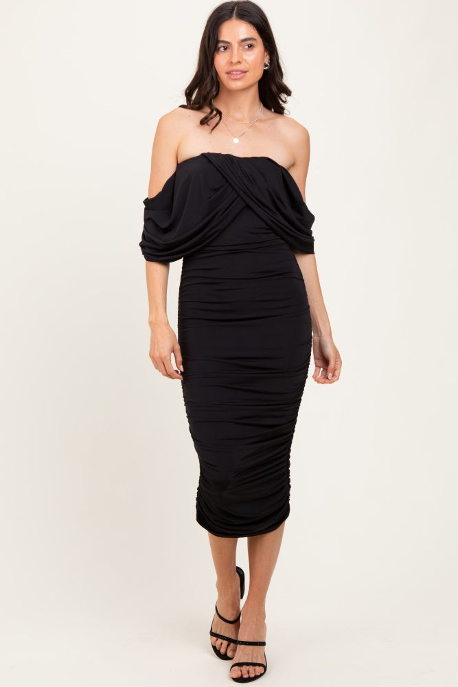 Black Off Shoulder Draped Ruched Maternity Midi Dress