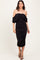 woman wearing a black off-shoulder bodycon dress with ruched detailing and mid-length hemline