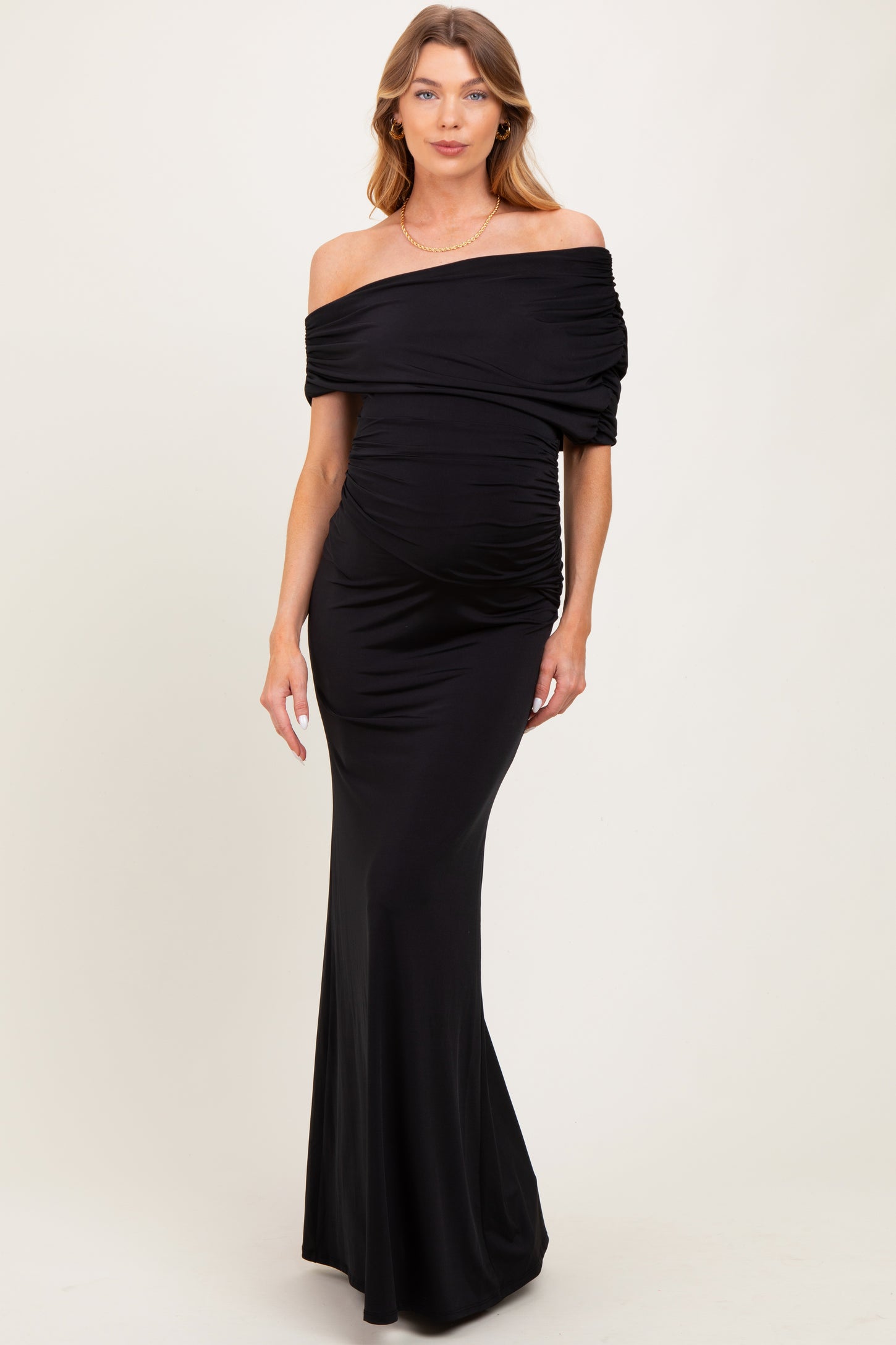 Black Off Shoulder Foldover Ruched Maternity Maxi Dress