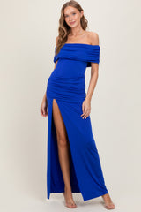 Royal Foldover Off Shoulder Ruched High Slit Maternity Maxi Dress
