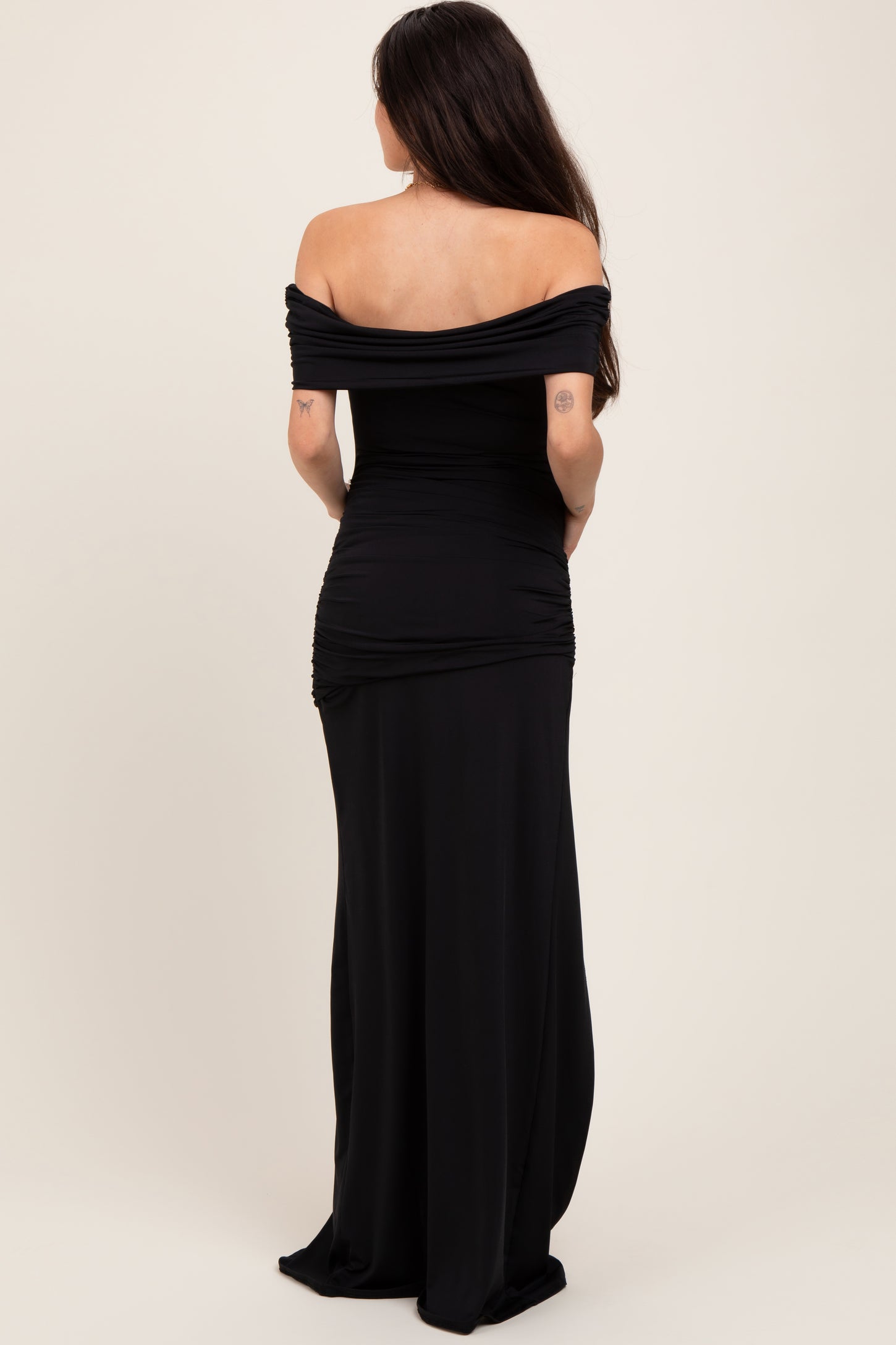 Black Foldover Off Shoulder Ruched High Slit Maternity Maxi Dress