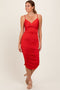 Red Ruched Sweetheart Neckline Midi Dress