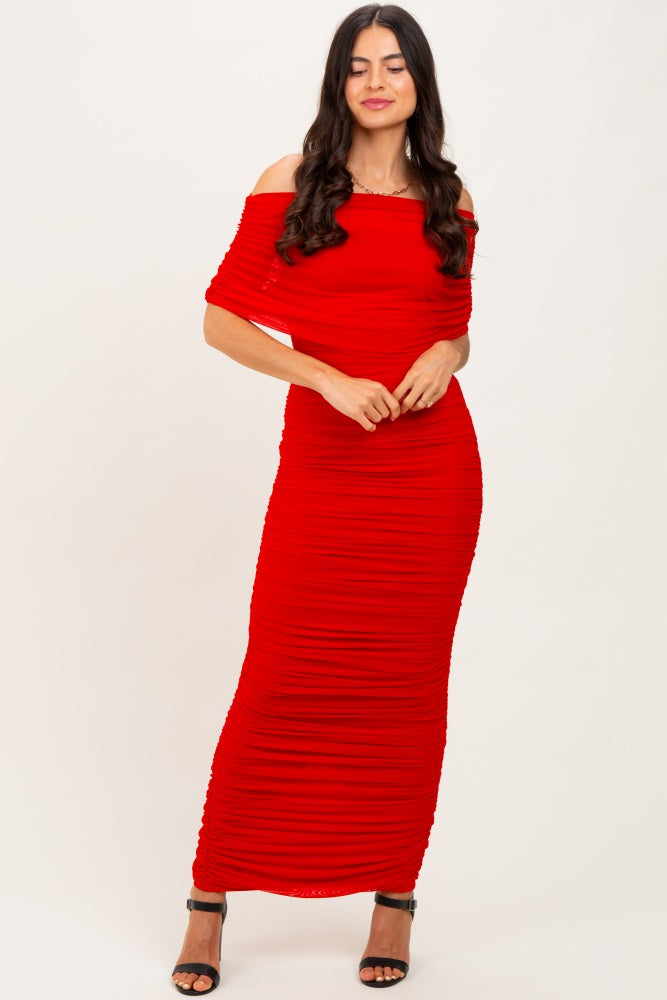Red Ruched Mesh Foldover Off Shoulder Maxi Dress