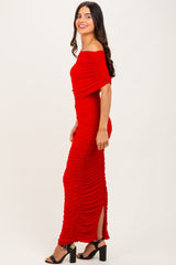 Red Ruched Mesh Foldover Off Shoulder Maxi Dress