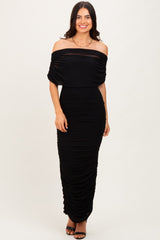 Black Ruched Mesh Foldover Off Shoulder Maxi Dress