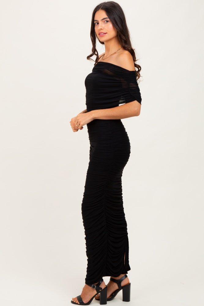 Black Ruched Mesh Foldover Off Shoulder Maxi Dress