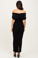 Black Ruched Mesh Foldover Off Shoulder Maxi Dress