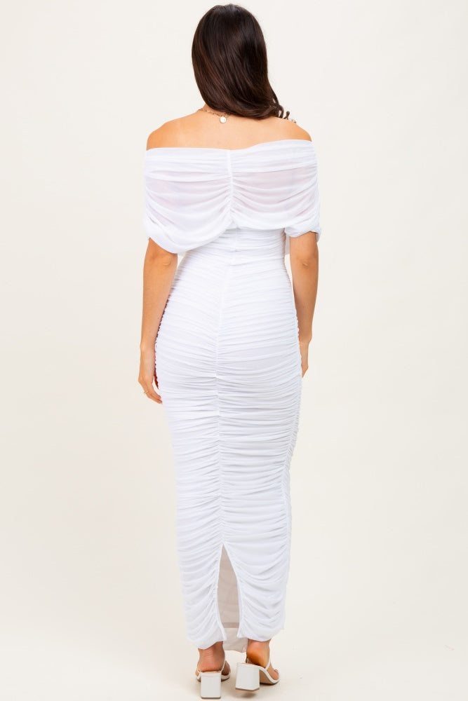 White Ruched Mesh Foldover Off Shoulder Maxi Dress