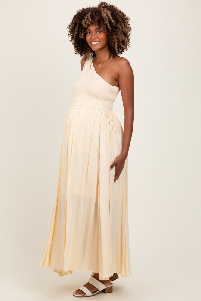 Cream Smocked One Shoulder Maternity Maxi Dress