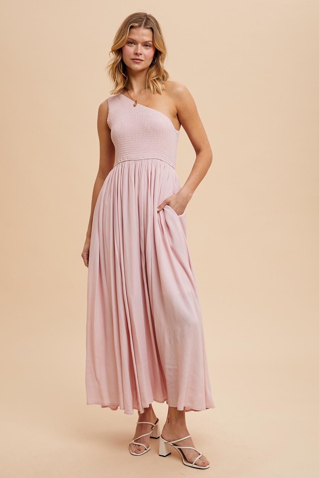 Light Pink Smocked One Shoulder Maternity Maxi Dress