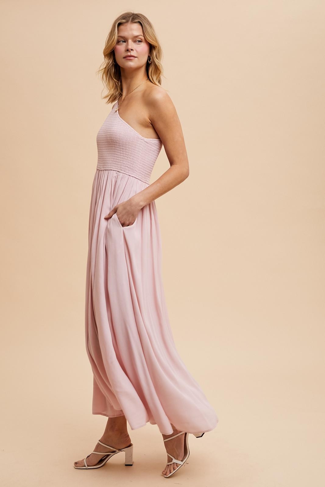 Light Pink Smocked One Shoulder Maxi Dress