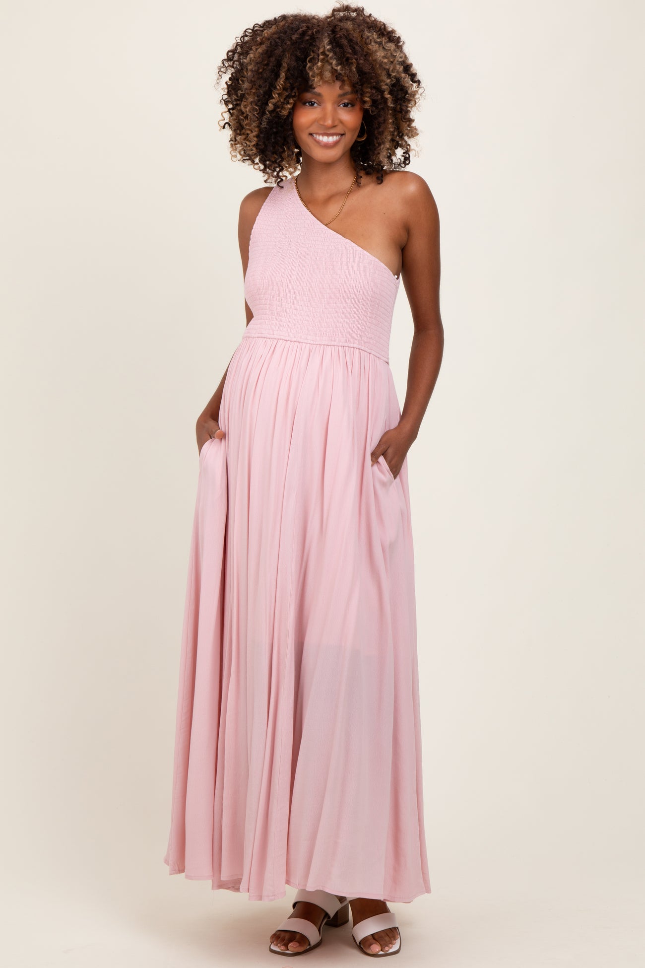 Light Pink Smocked One Shoulder Maternity Maxi Dress