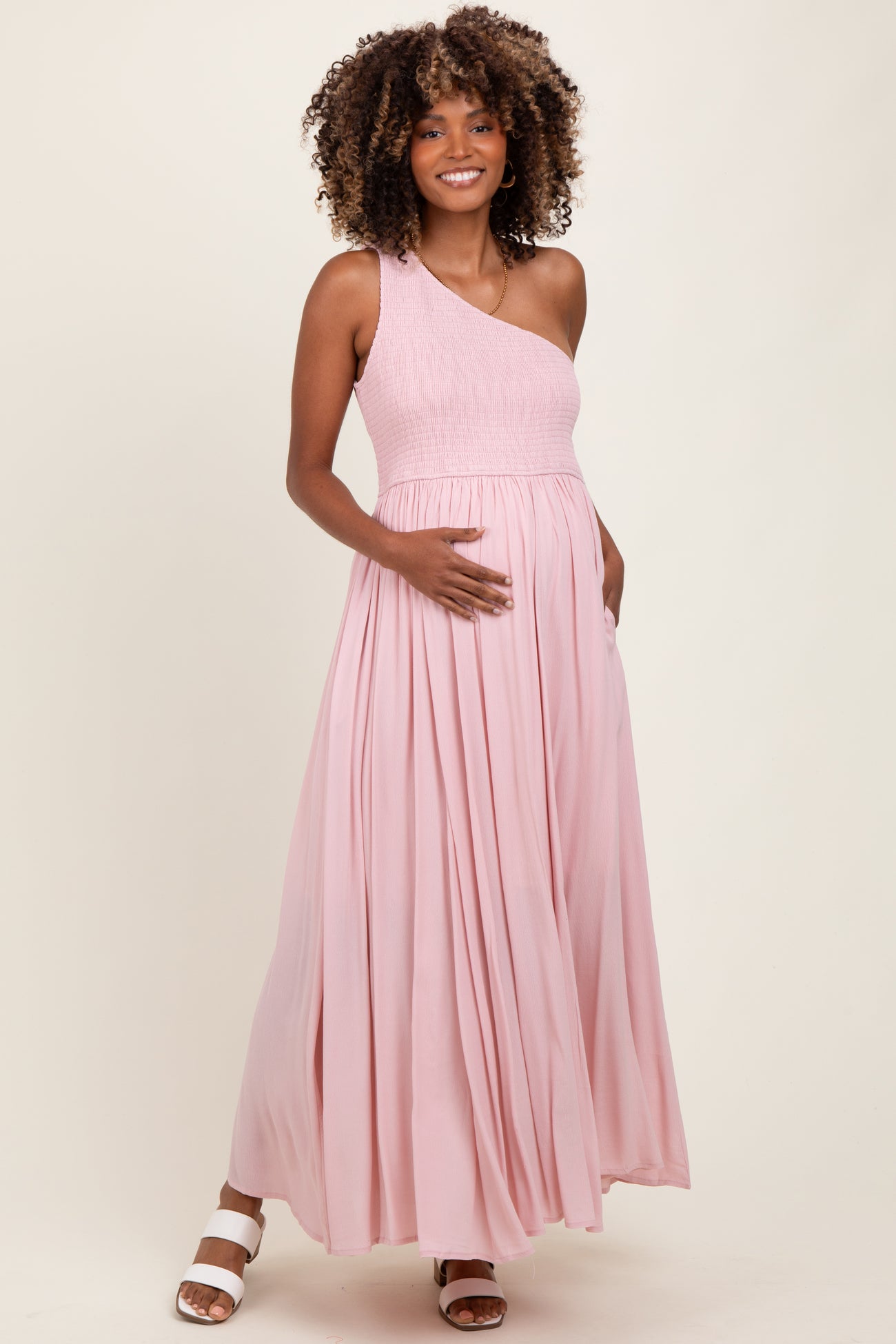 Light Pink Smocked One Shoulder Maternity Maxi Dress