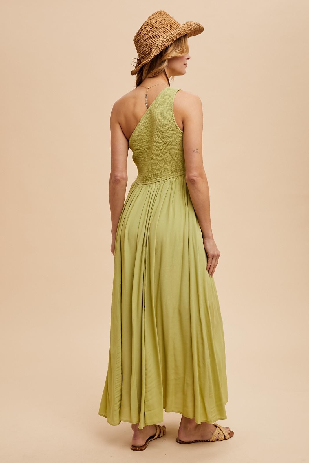 Green Smocked One Shoulder Maxi Dress