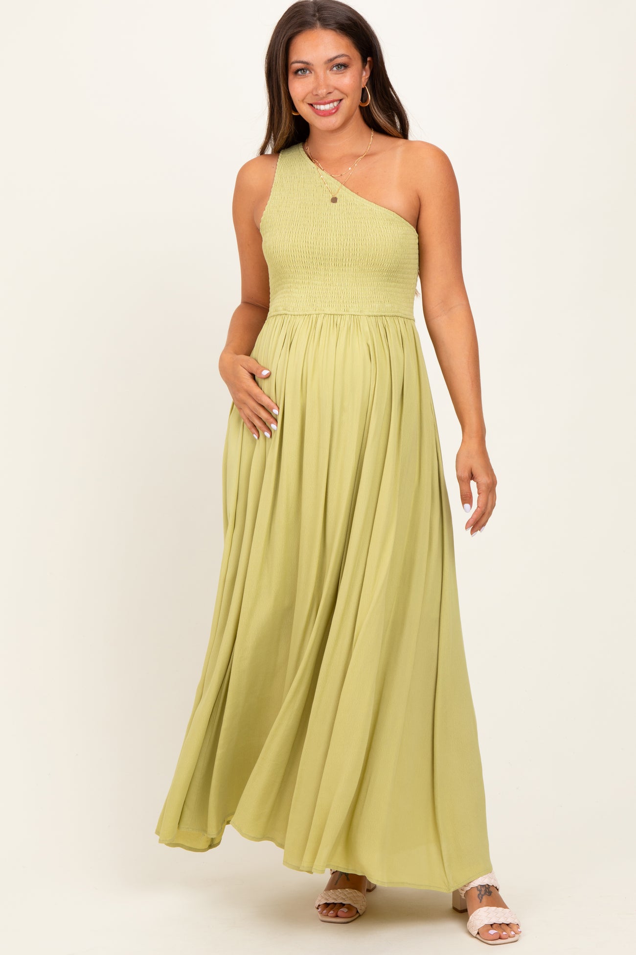 Green Smocked One Shoulder Maternity Maxi Dress