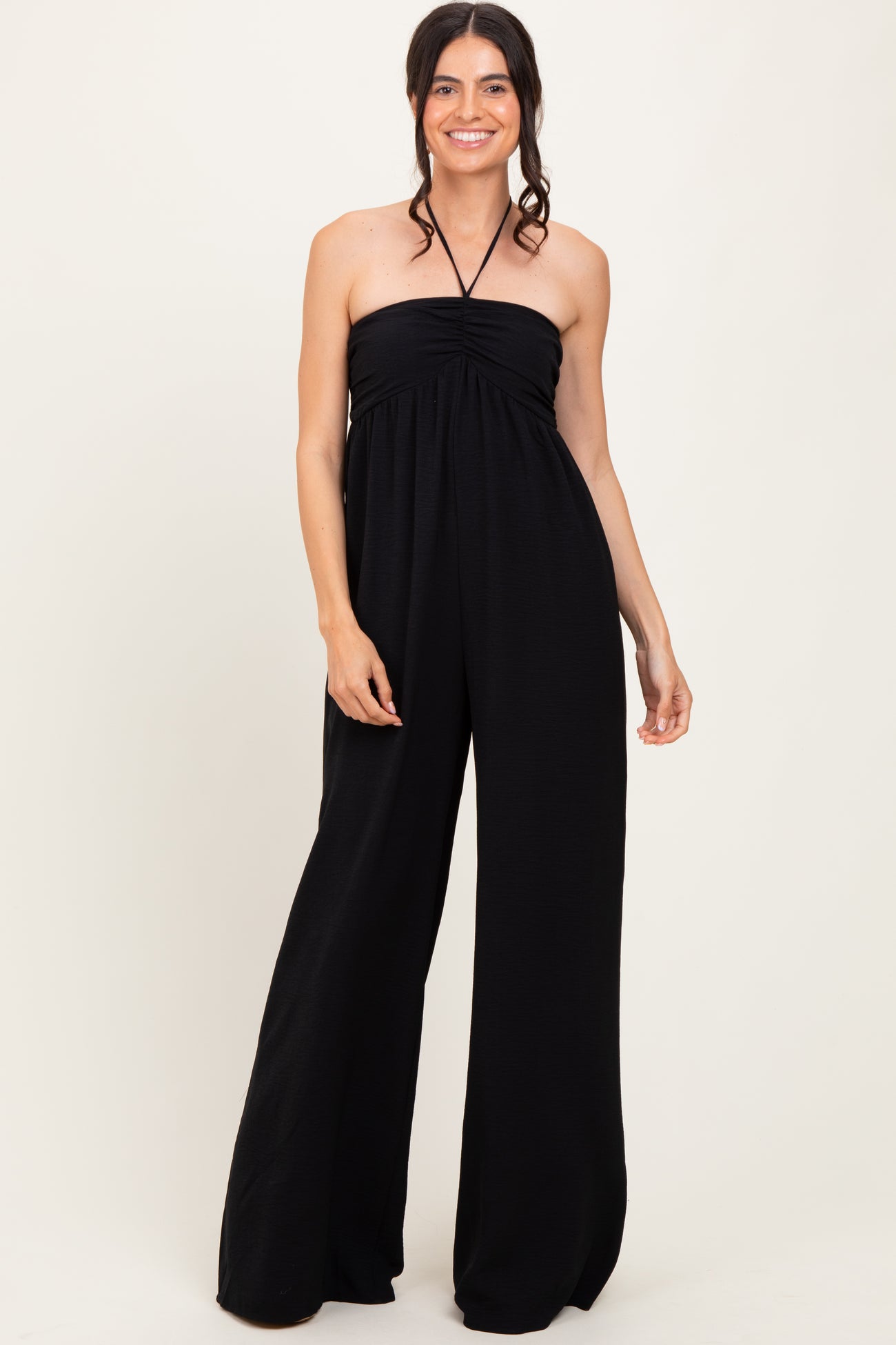 Black Halter Neck Wide Leg Maternity Jumpsuit