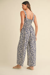 Navy Leaf Print Buckle Strap Wide Leg Jumpsuit