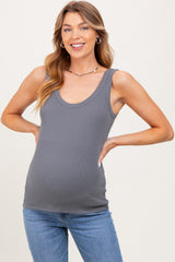 woman wearing a gray ribbed maternity tank top and showing her baby bump