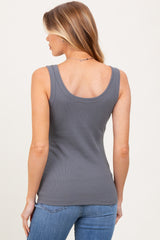 woman wearing a gray ribbed tank top with a scoop back in maternity wear