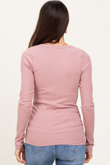 Mauve Ribbed Ruched Long Sleeve Top