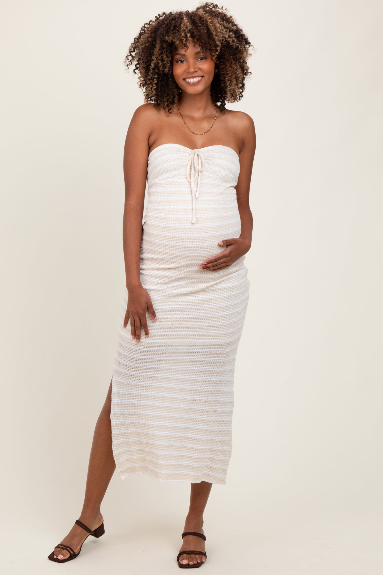 Cream Striped Knit Strapless Side Slit Maternity Maxi Dress