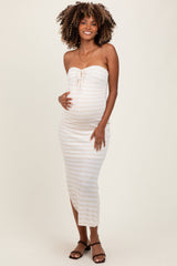 Cream Striped Knit Strapless Side Slit Maternity Maxi Dress