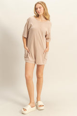 Beige V Back Short Sleeve Pocketed Maternity Romper