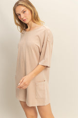 Beige V Back Short Sleeve Pocketed Romper