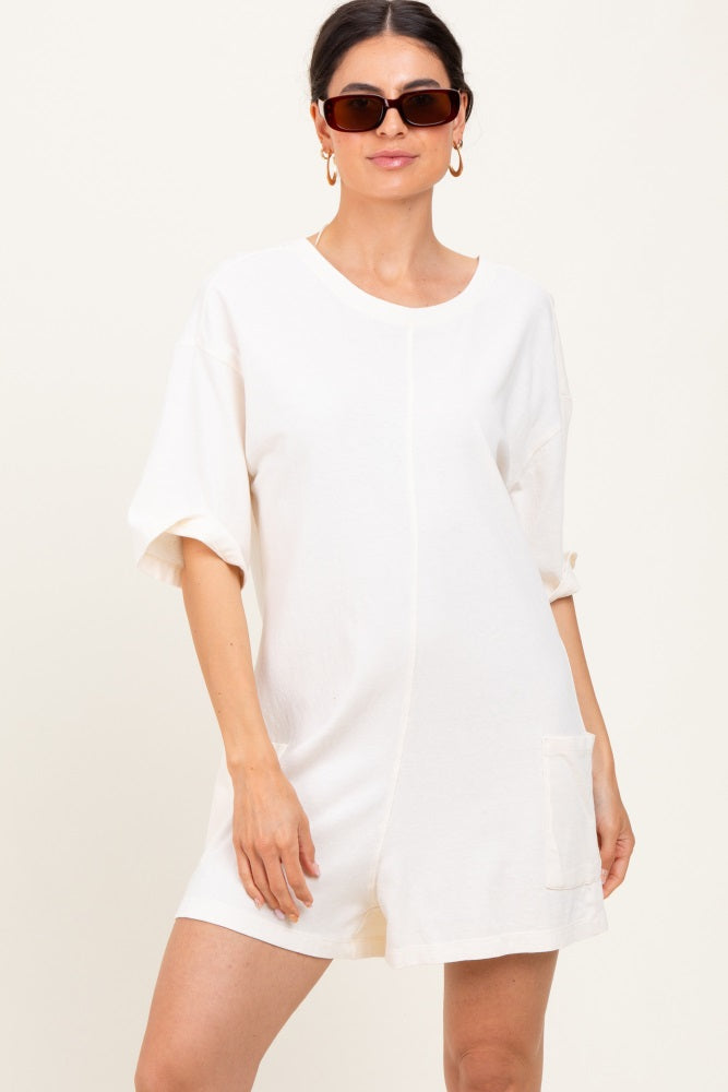 Cream V Back Short Sleeve Pocketed Romper