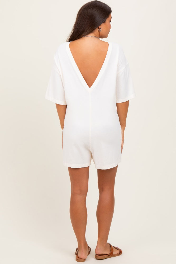 Cream V Back Short Sleeve Pocketed Maternity Romper