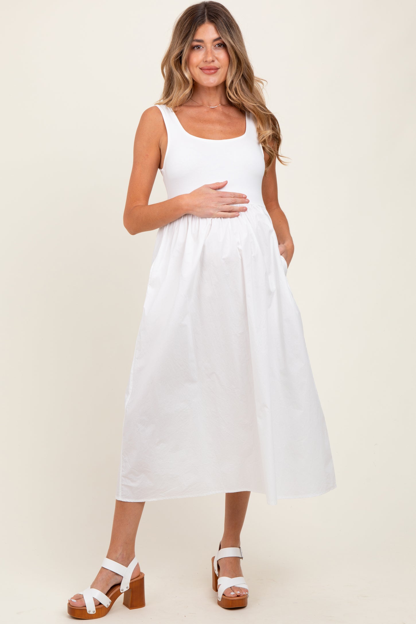 White Contrast Sleeveless Square Neck Maternity Midi Dress
