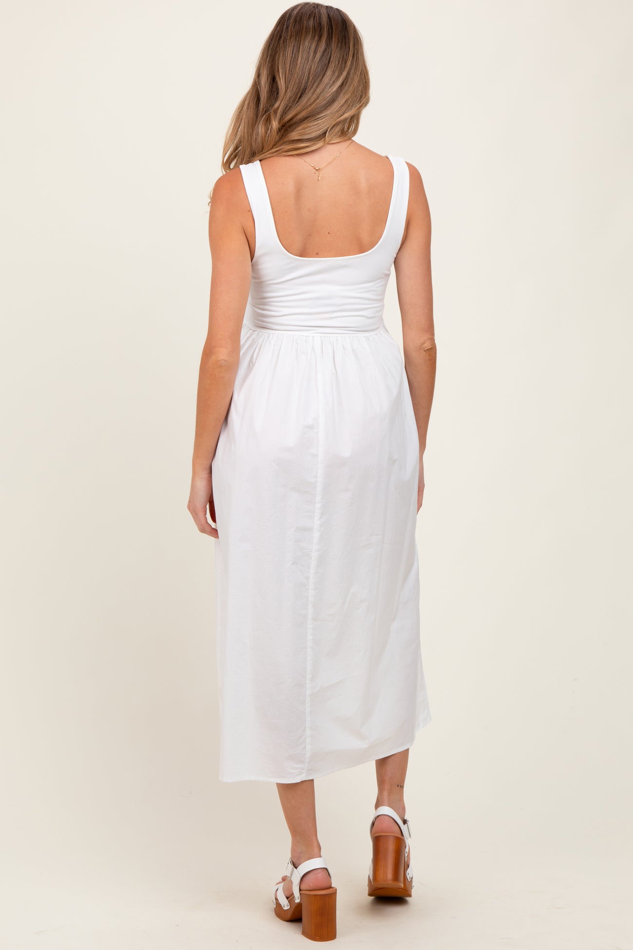 White Contrast Sleeveless Square Neck Maternity Midi Dress