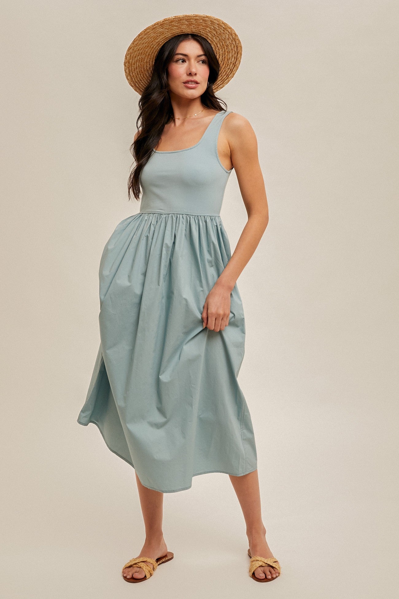 Light Blue Contrast Sleeveless Square Neck Maternity Midi Dress